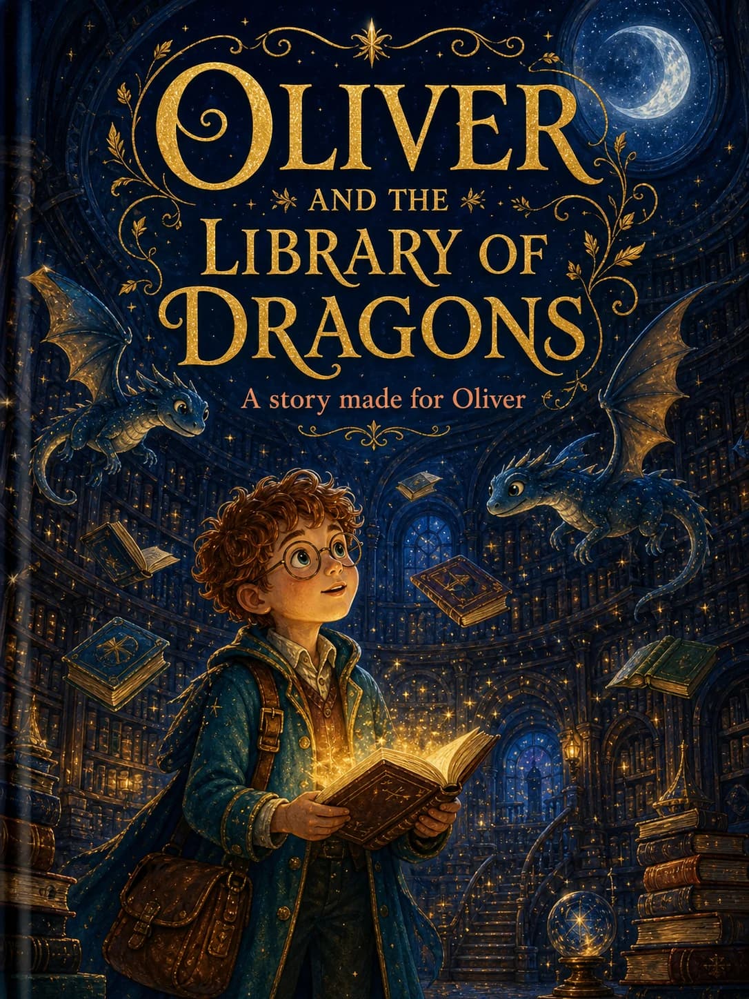 Oliver and the Library of Dragons personalised children’s book cover