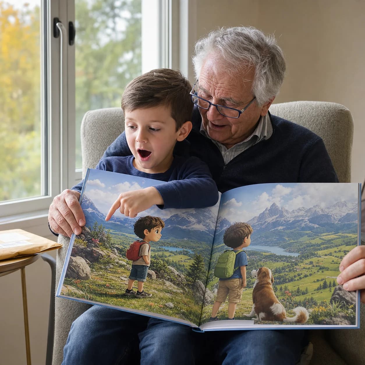 Photograph of a grandfather and grandson sharing a story
