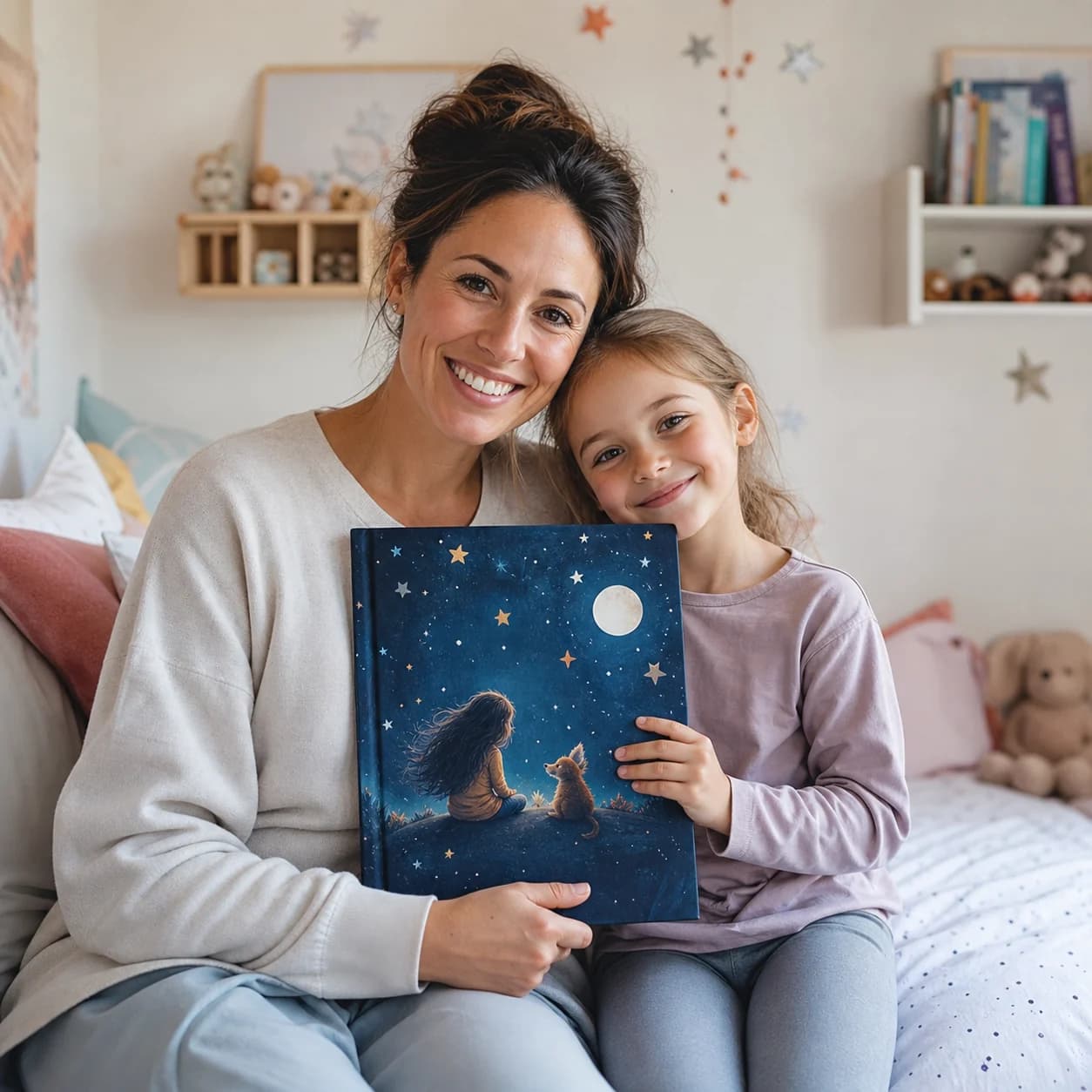 Photograph of a mother and daughter reading together at bedtime