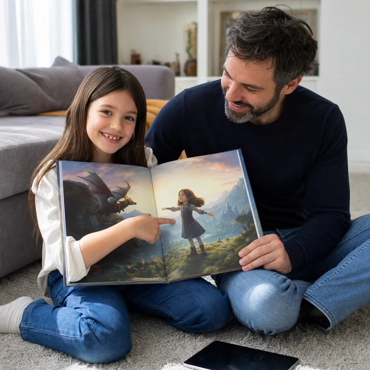 Photograph of a father and daughter laughing over a personalised book