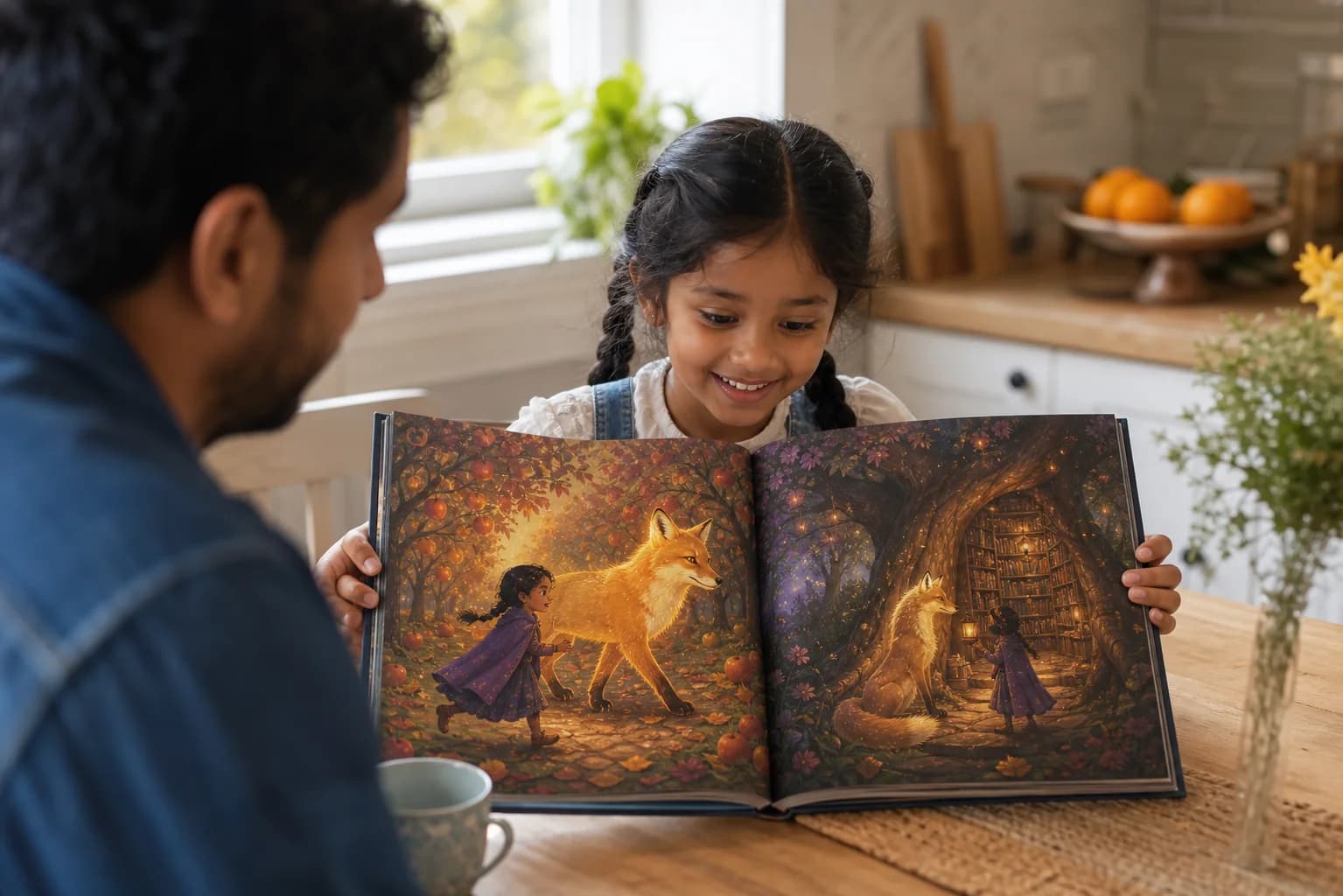 Chloé — A child reading an open Heroica book with the same illustrated character in two different adventures