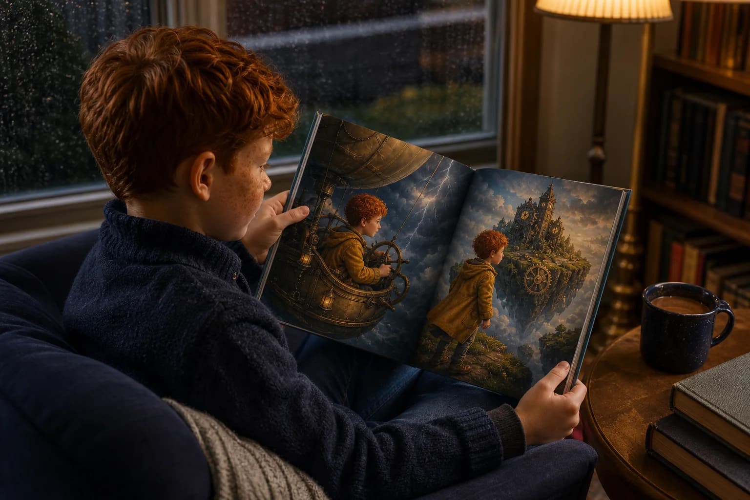 Mateo — A child reading an open Heroica book with the same illustrated character in two different adventures