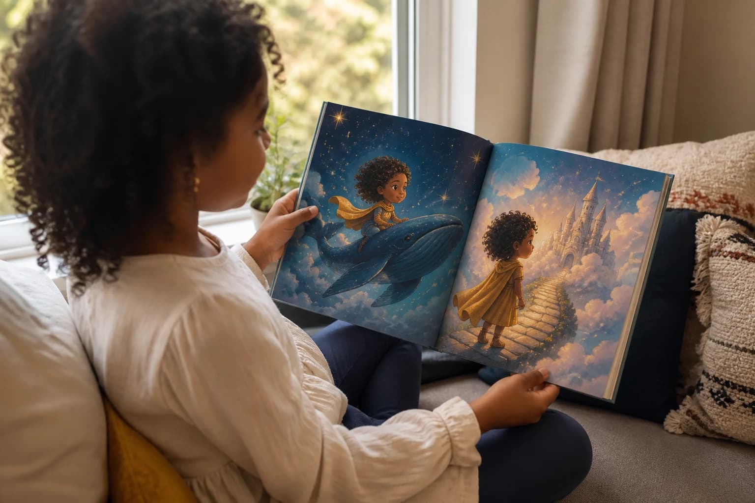 Maya — A child reading an open Heroica book with the same illustrated character in two different adventures